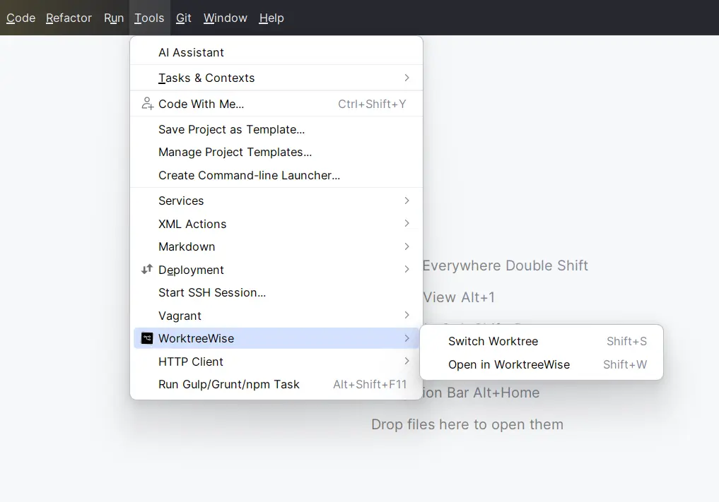WorktreeWise plugin inside a JetBrains IDE