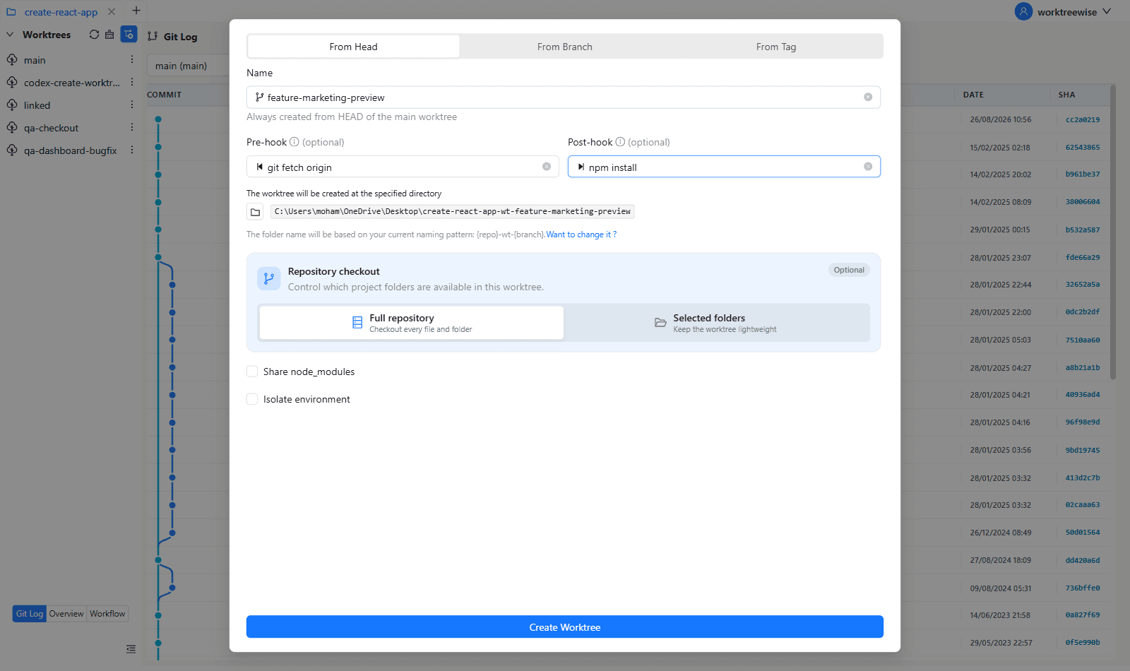 WorktreeWise creating a Git worktree with automatic setup hooks