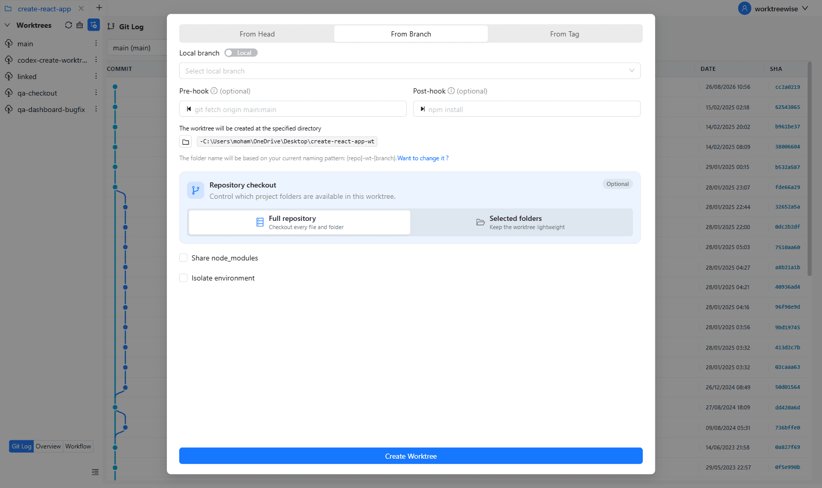 Create a new Git worktree from a branch in WorktreeWise