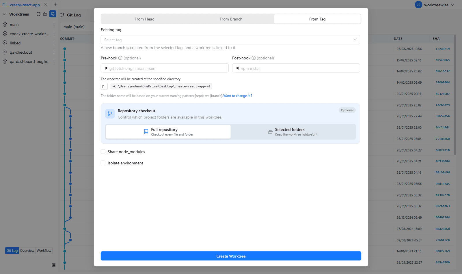 WorktreeWise interface creating a worktree from a release tag with branch options
