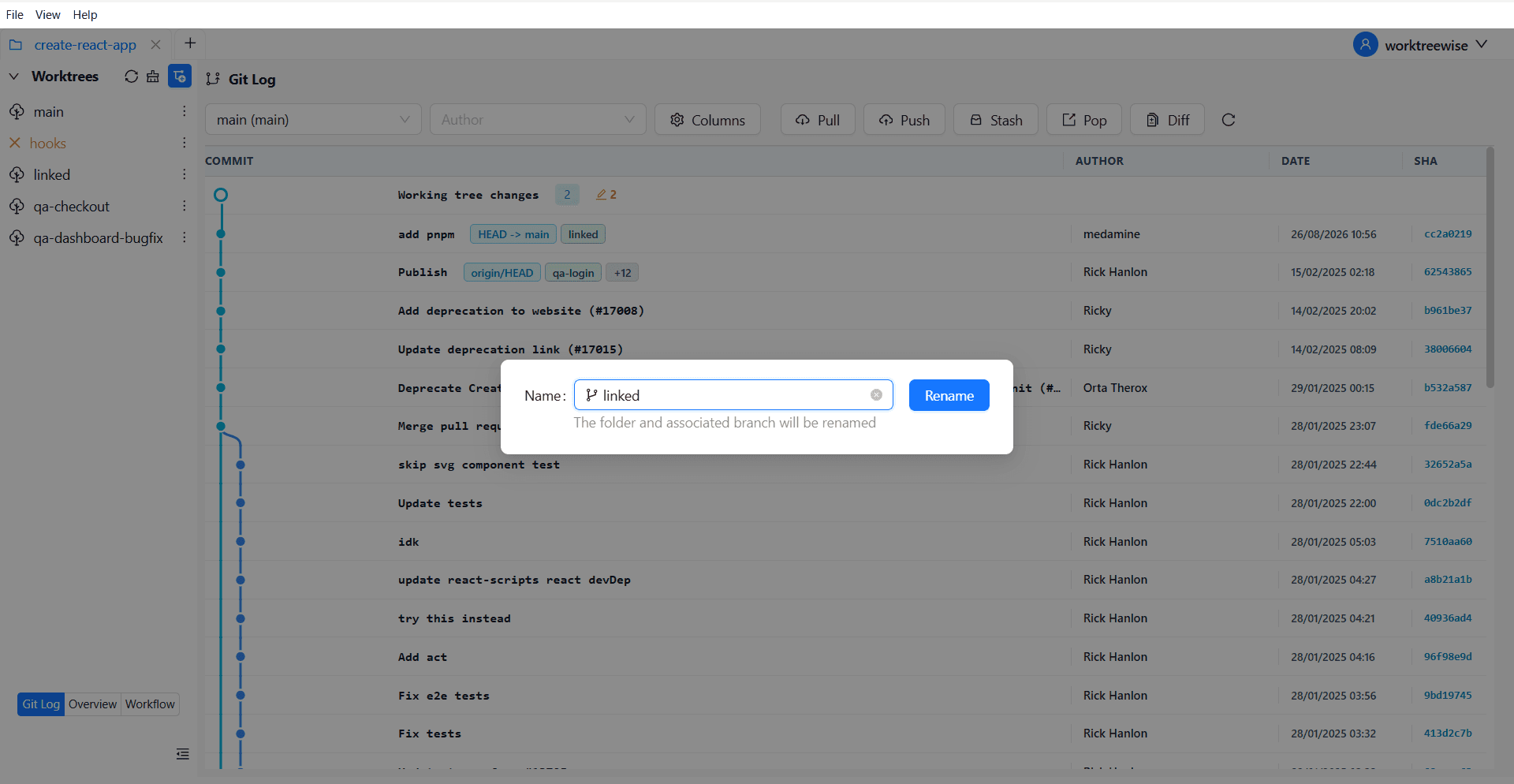 Rename a Git worktree in WorktreeWise
