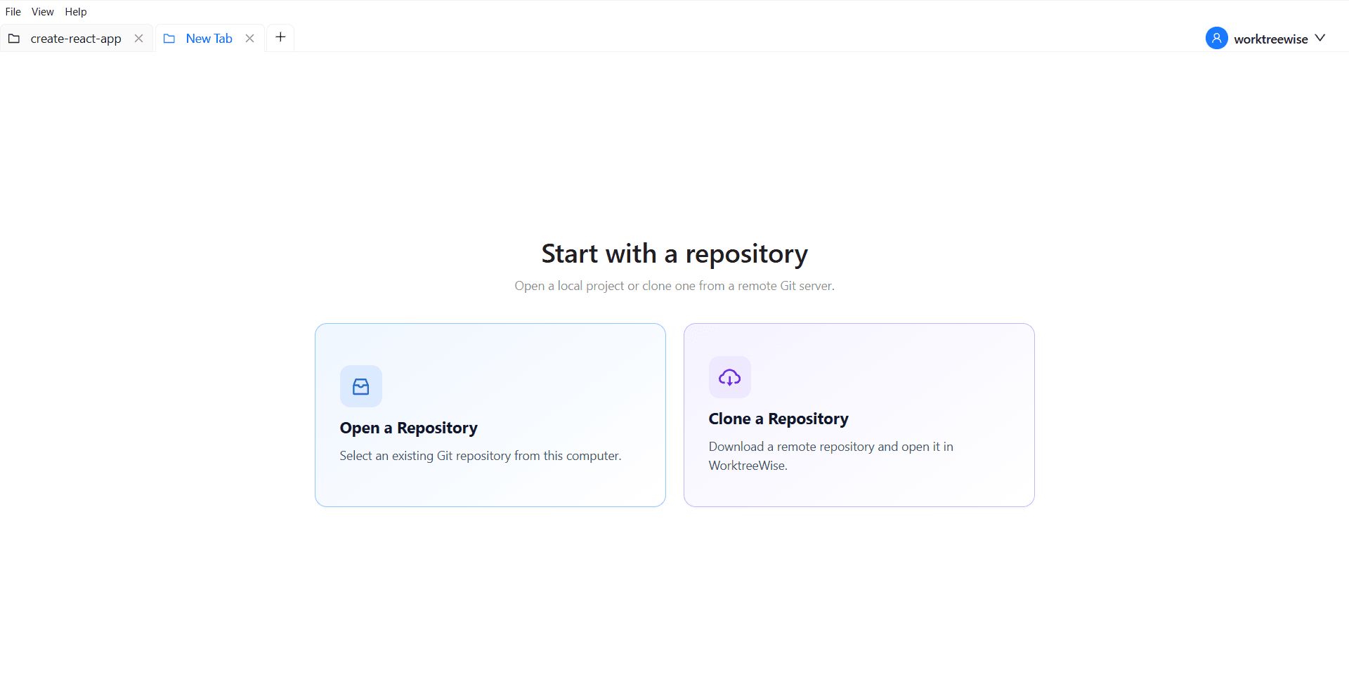 WorktreeWise repository options comparing opening local worktrees vs cloning