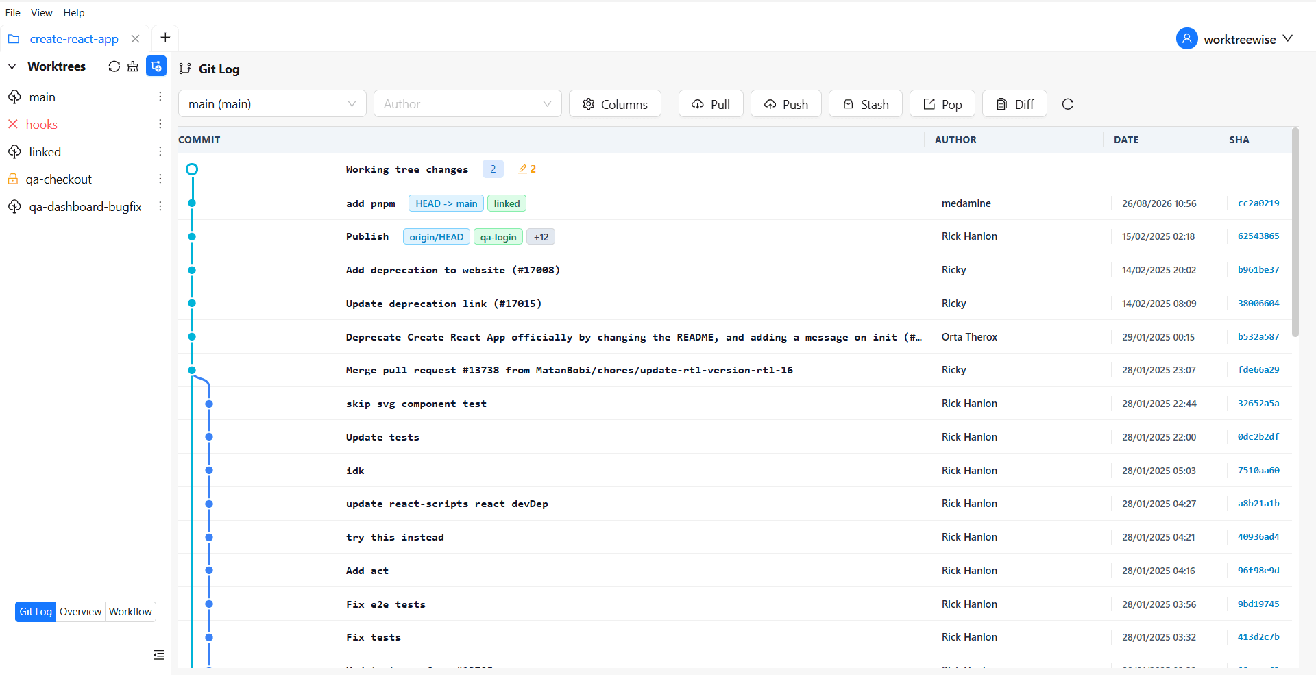 WorktreeWise interface displaying locked worktree status and reason