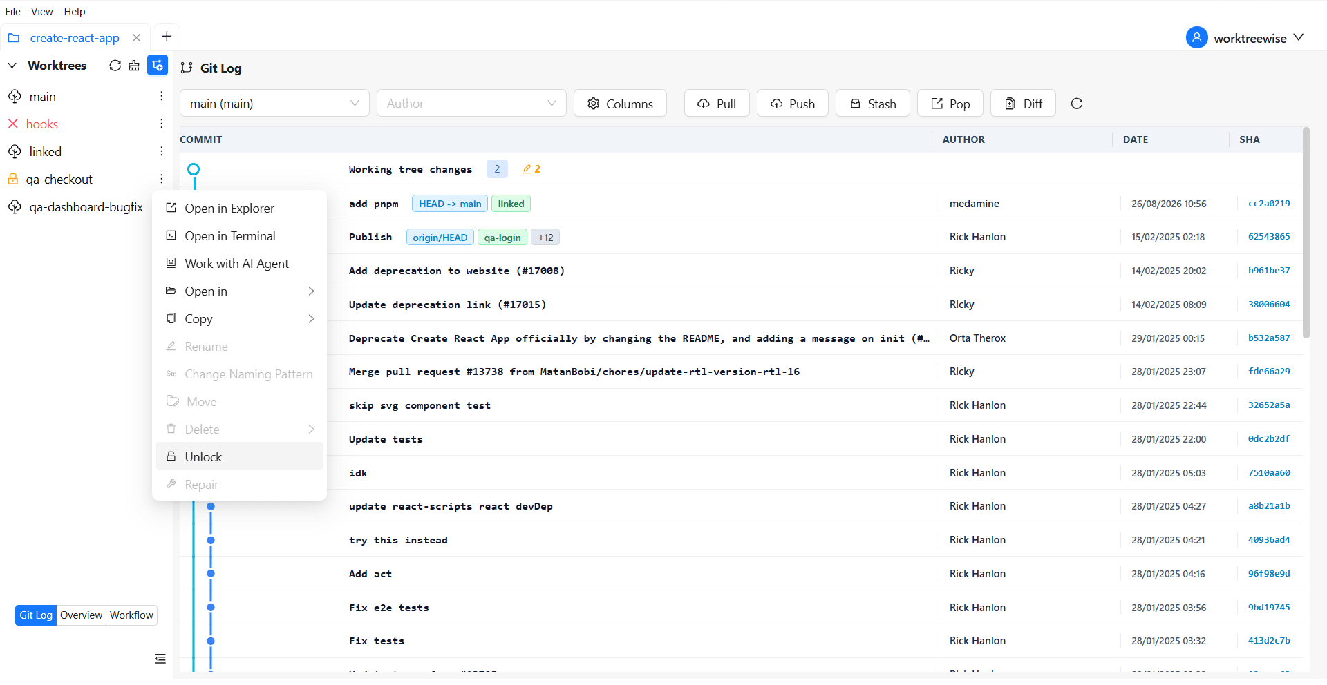 Unlock action for a protected Git worktree in WorktreeWise