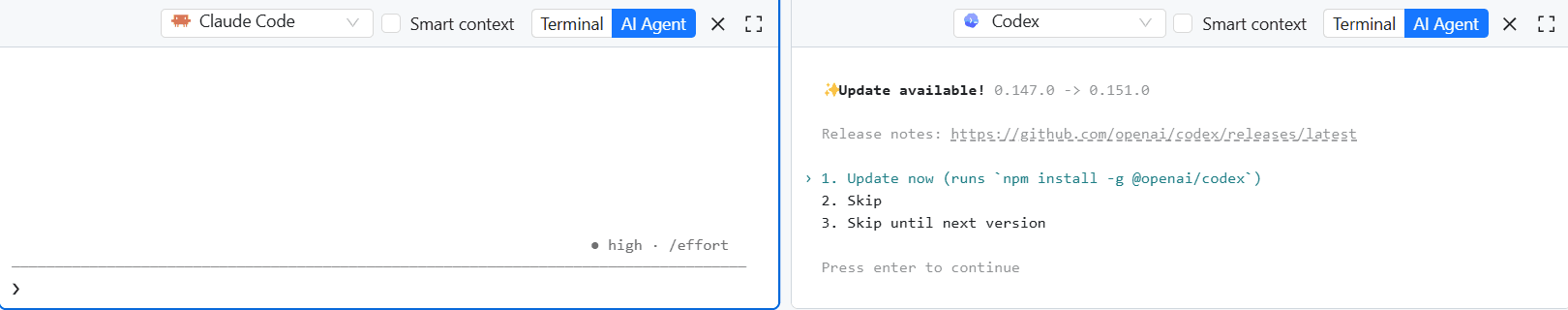Real agent terminal panes cropped to exclude personal paths