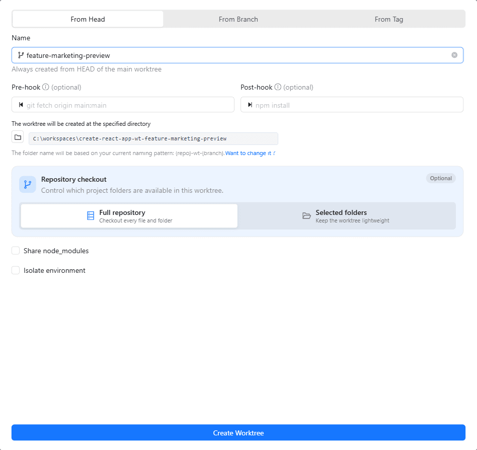 WorktreeWise create worktree dialog with branch sources, hooks, directory patterns, and sparse checkout options