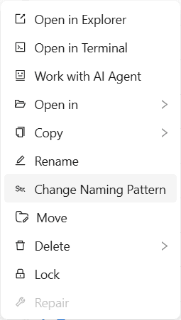 WorktreeWise menu for opening, renaming, moving, locking, and repairing a worktree