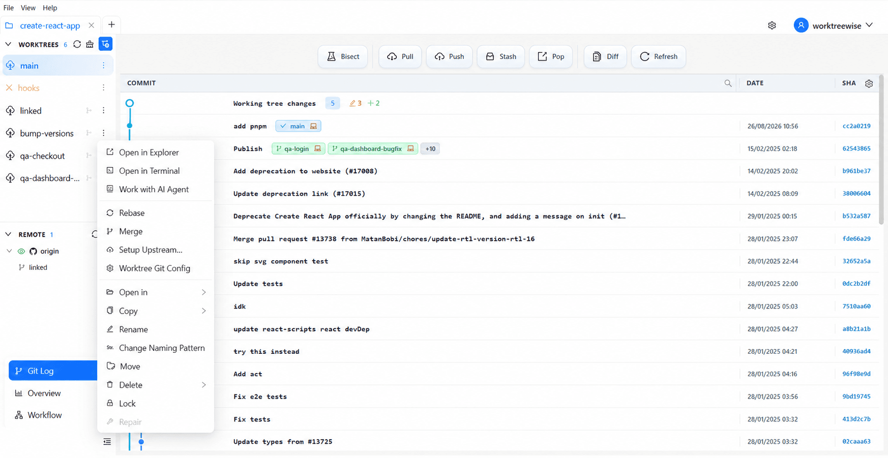 WorktreeWise worktree list with visual worktree actions