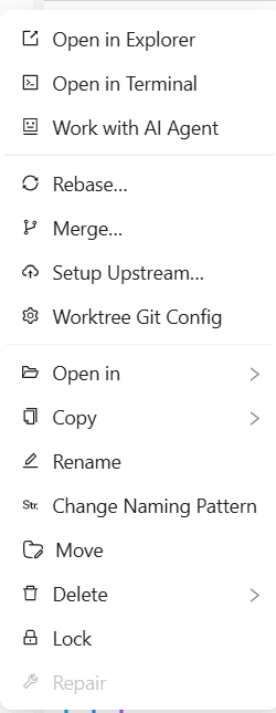 WorktreeWise menu for opening, renaming, moving, locking, and repairing a worktree