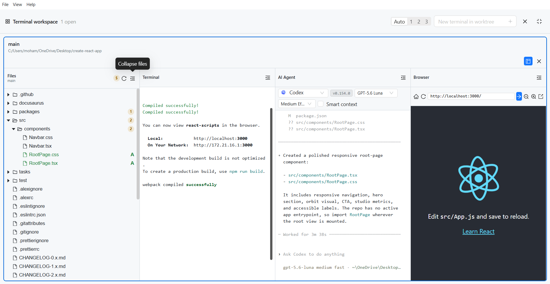 WorktreeWise embedded browser showing development preview beside terminal, files, and AI agent