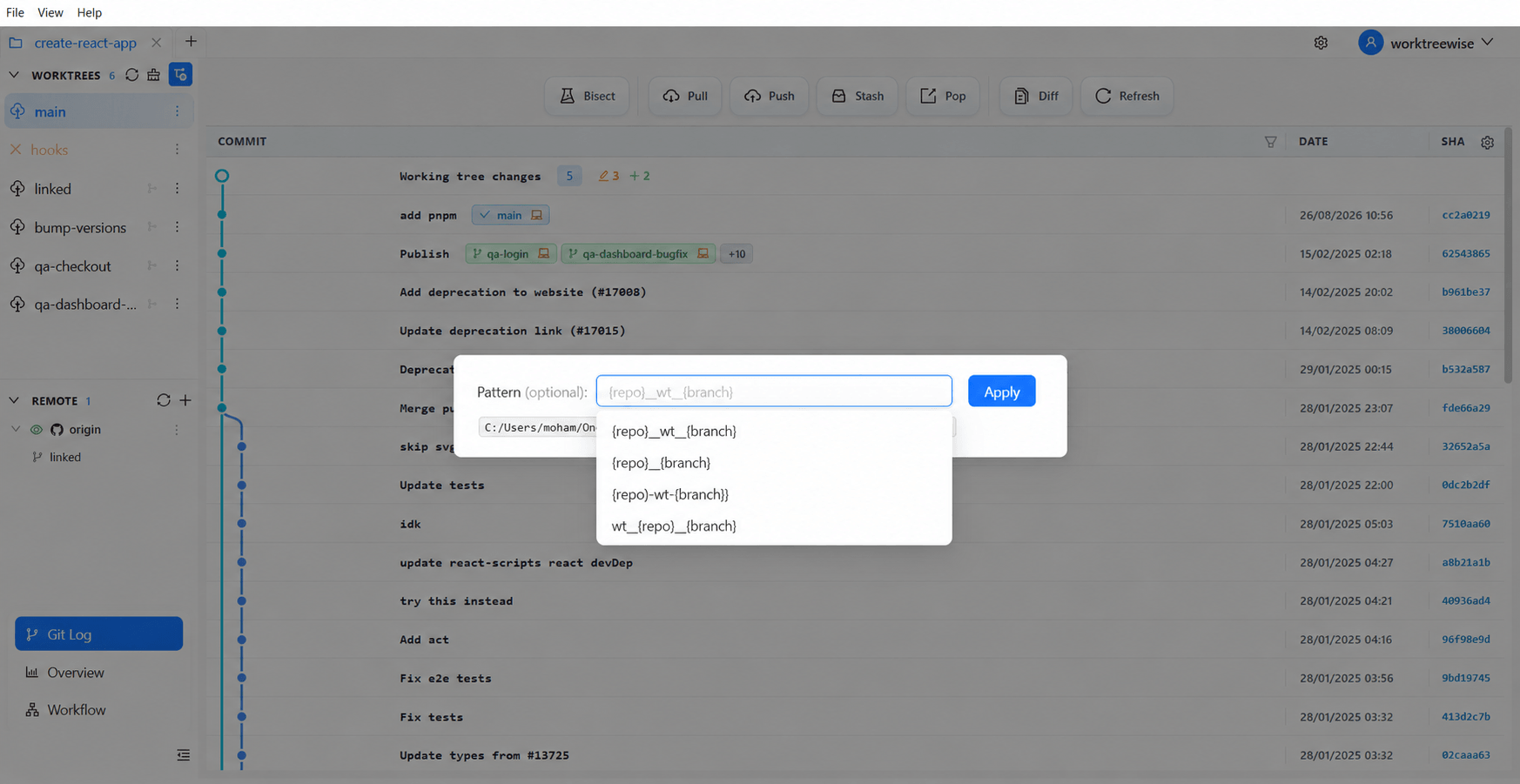 WorktreeWise naming pattern dialog with dynamic placeholders and suggestions