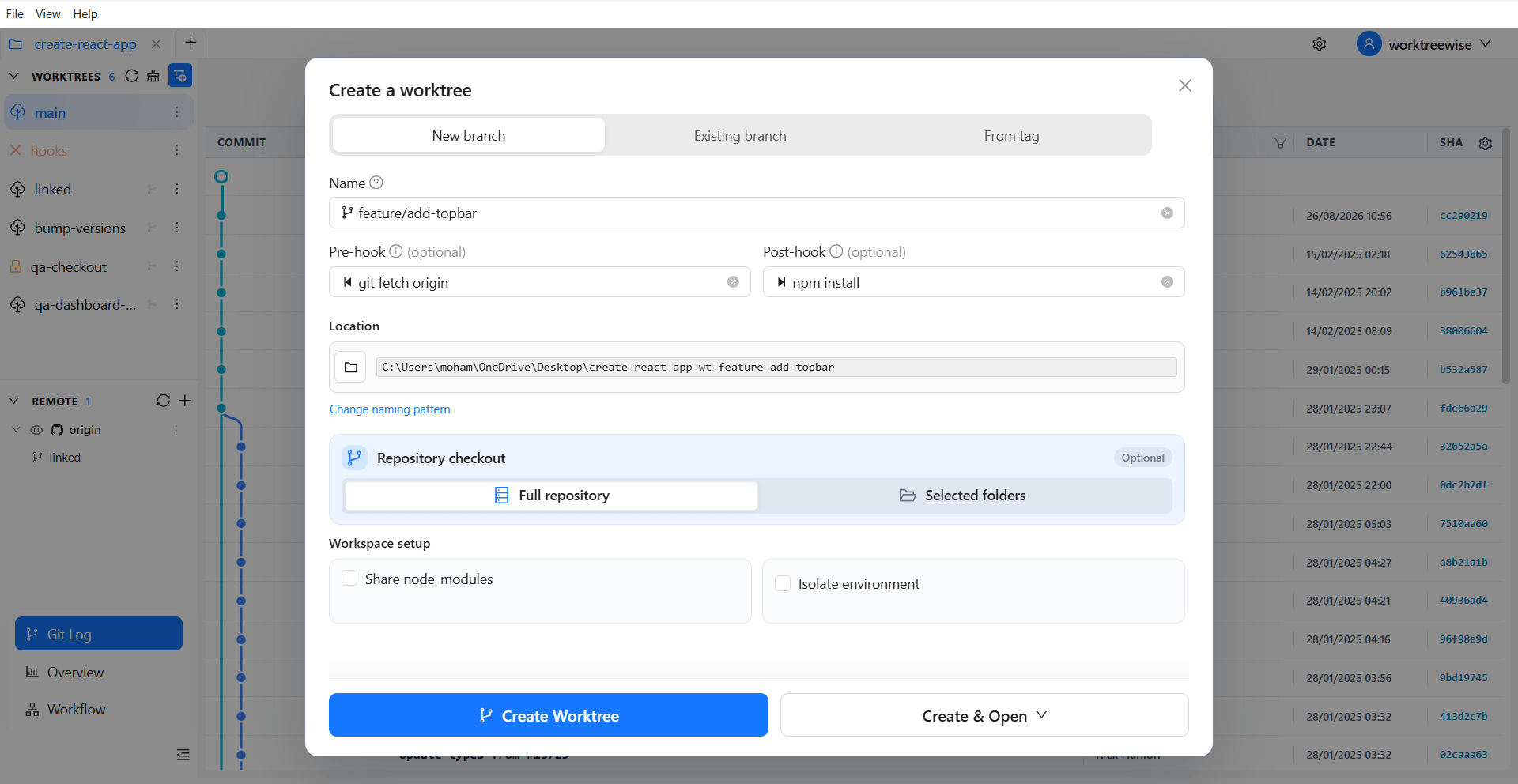 WorktreeWise create worktree dialog with branch sources, hooks, directory patterns, and sparse checkout options