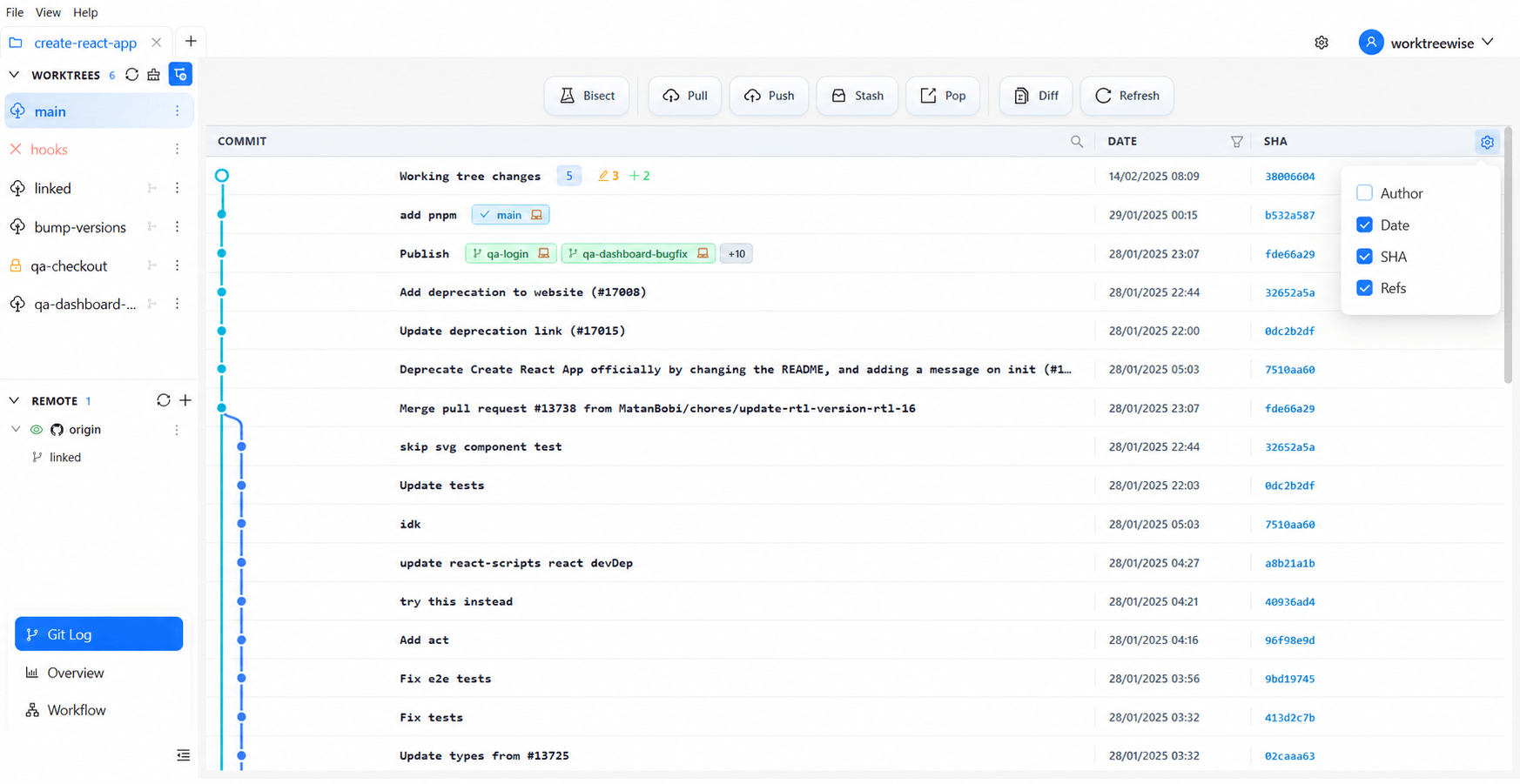 WorktreeWise Git Log with commit graph and branch labels