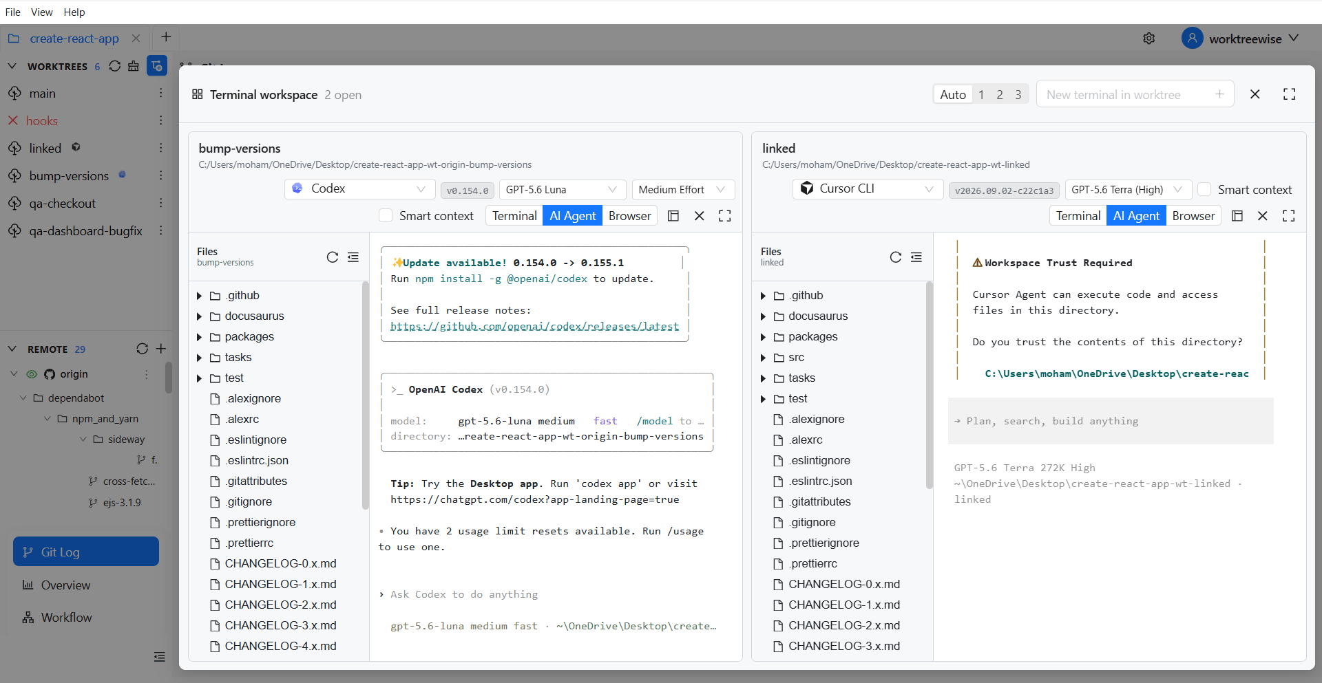 WorktreeWise AI agent workspace showing parallel coding agent sessions across worktrees