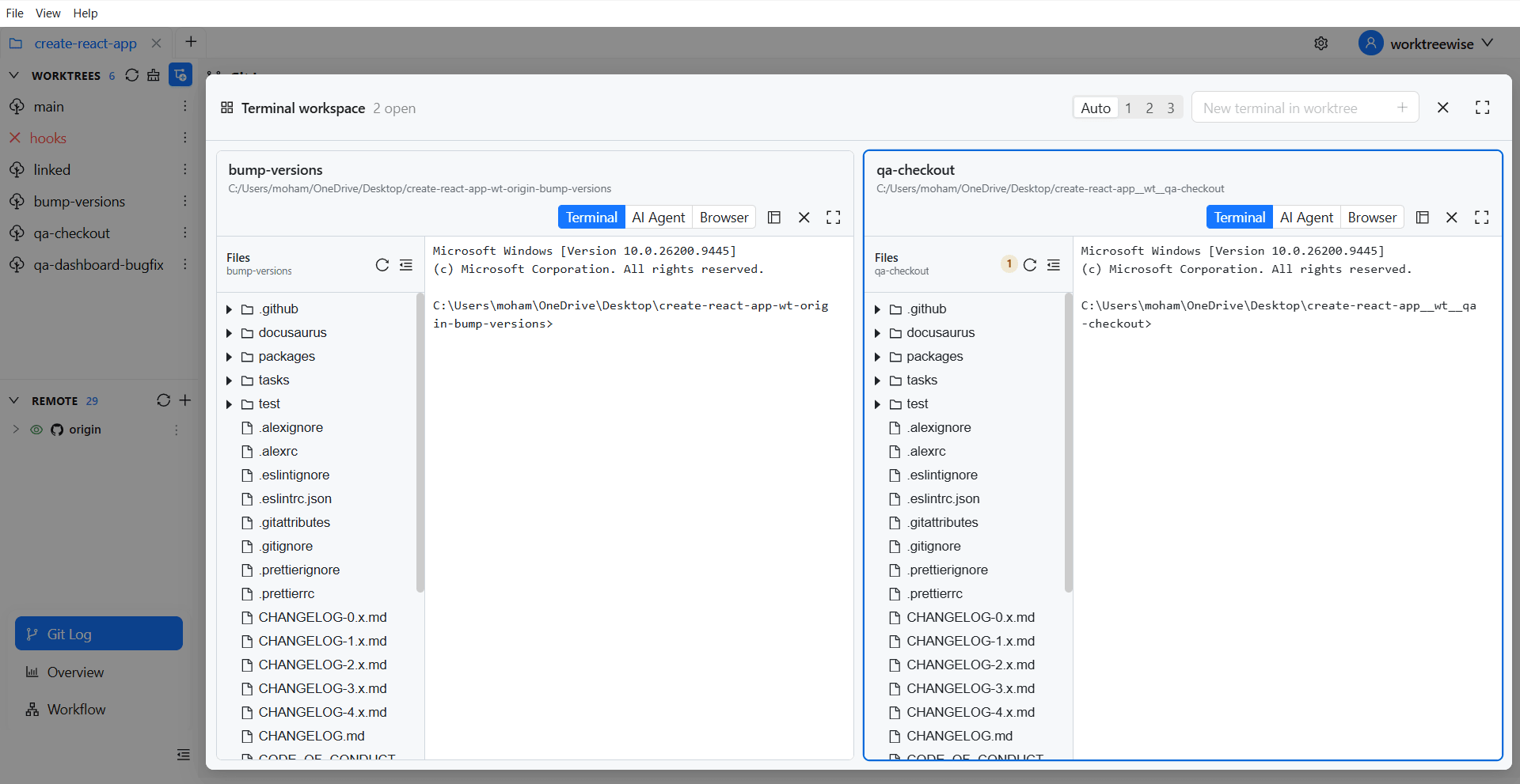 WorktreeWise terminal workspace showing multiple terminal panes arranged in parallel worktrees