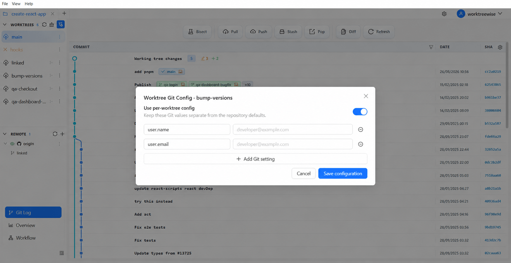 WorktreeWise per-worktree Git config dialog for isolated user identity and settings