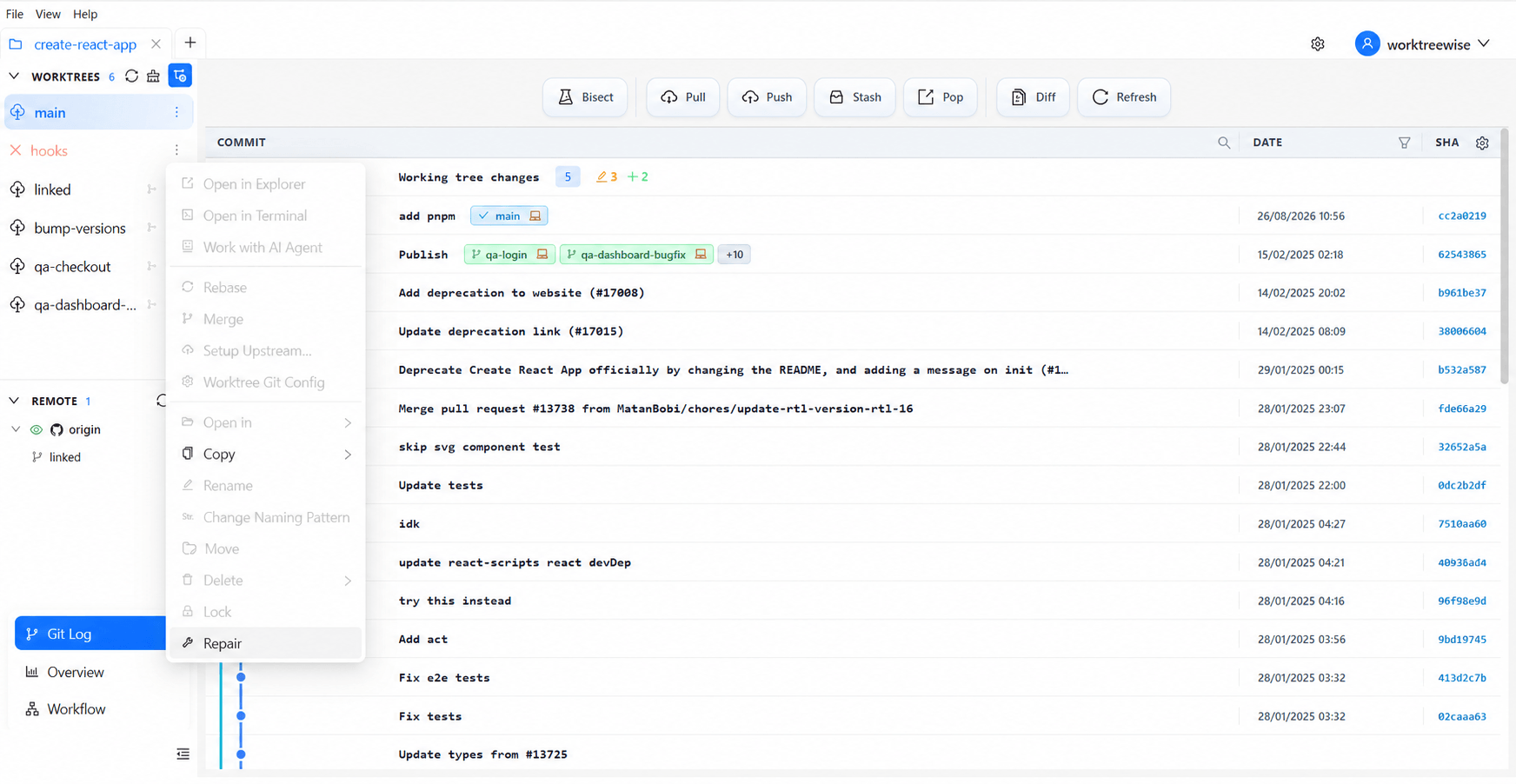 WorktreeWise repairing broken Git worktree links from the context menu