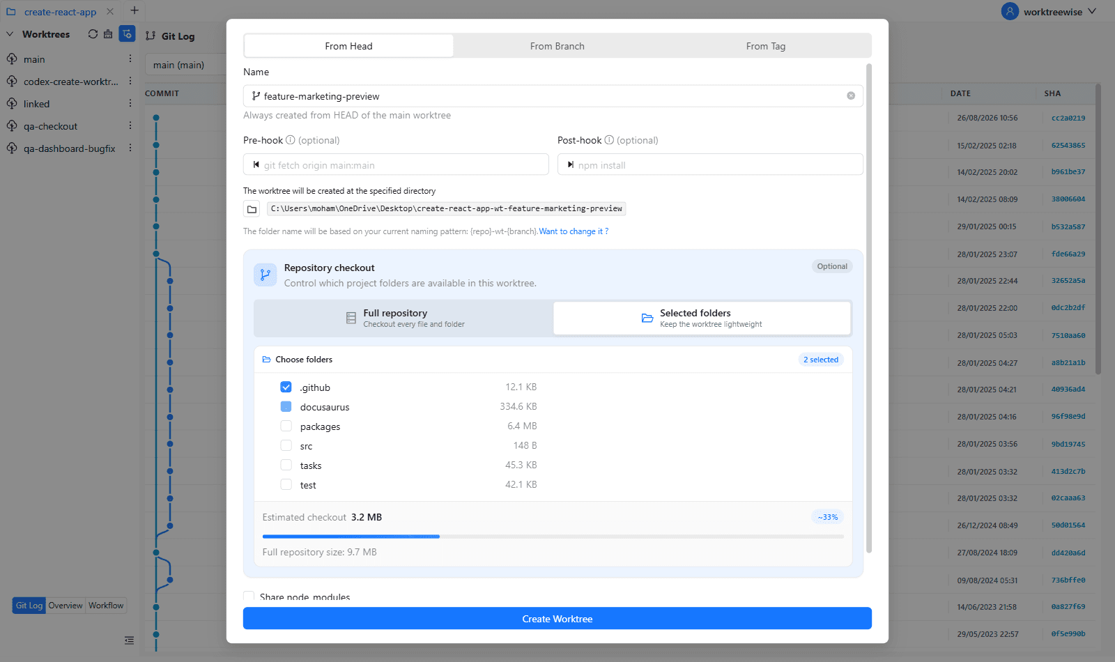WorktreeWise graphical Sparse Checkout configuration for Git worktrees