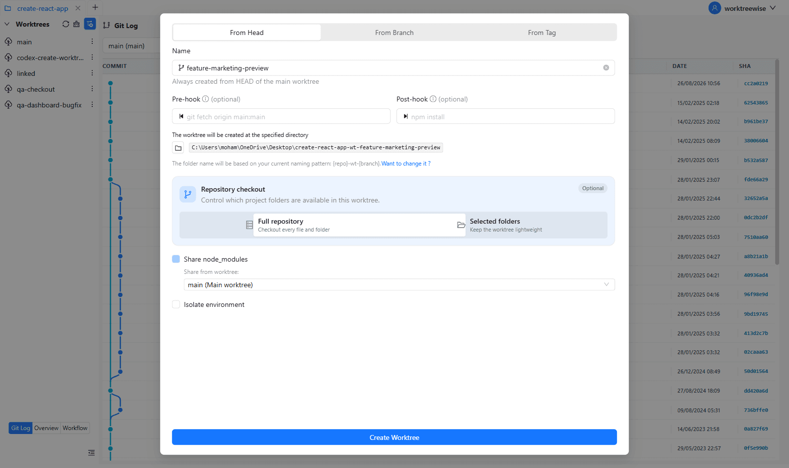 WorktreeWise interface options for managing node_modules across worktrees