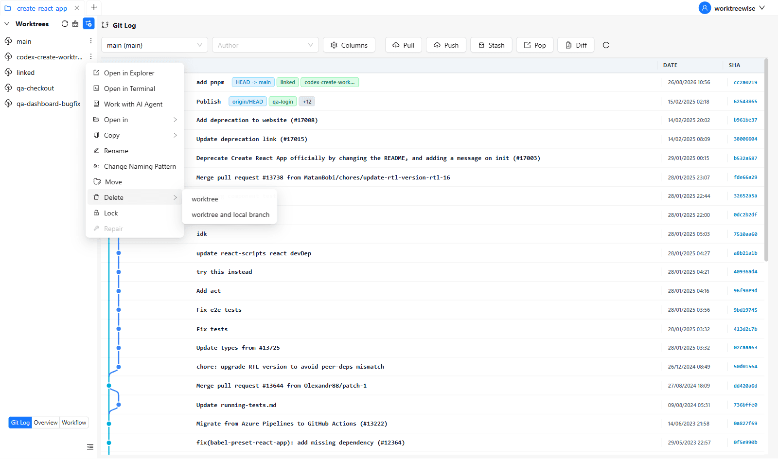 Delete a Git worktree safely with confirmation in WorktreeWise