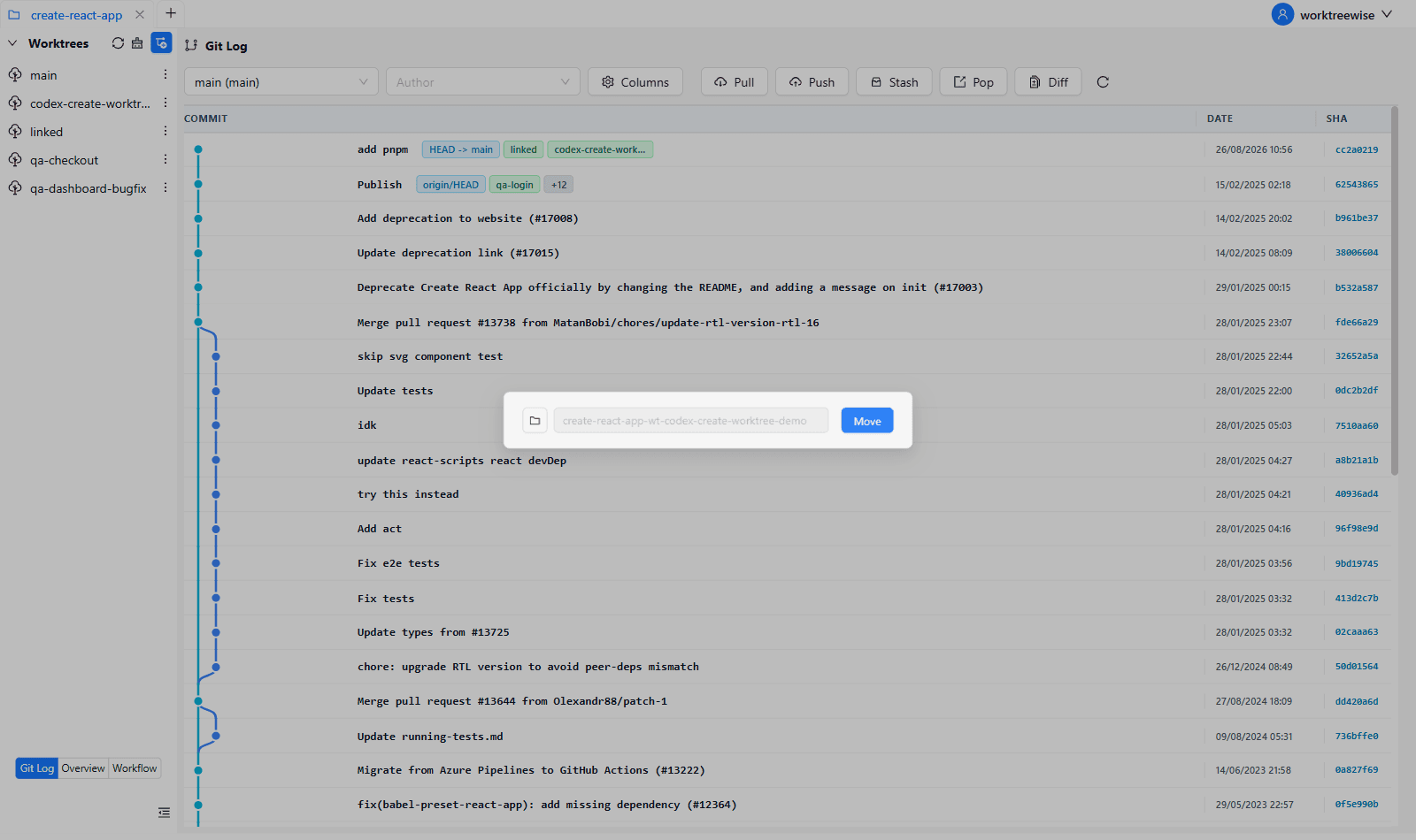 Relocate a Git worktree folder in WorktreeWise