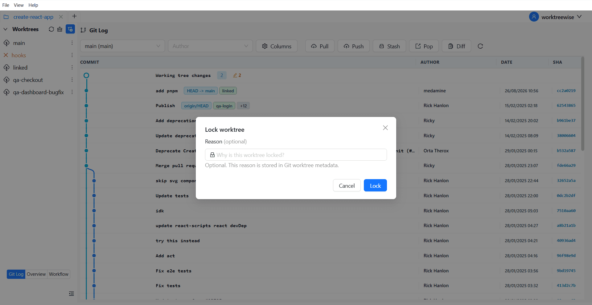 Lock a Git worktree against deletion in WorktreeWise