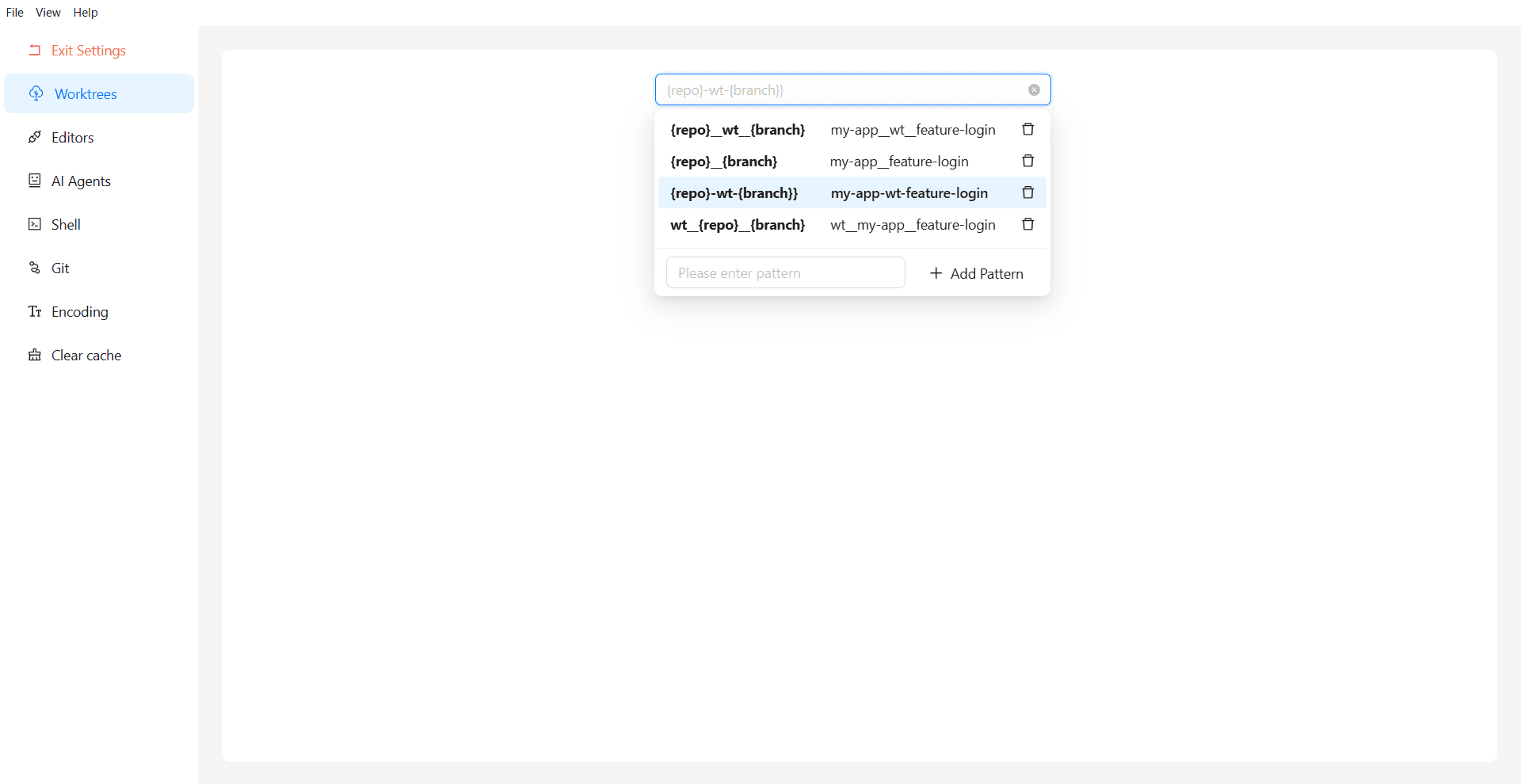 WorktreeWise Settings screen configuring per-worktree options