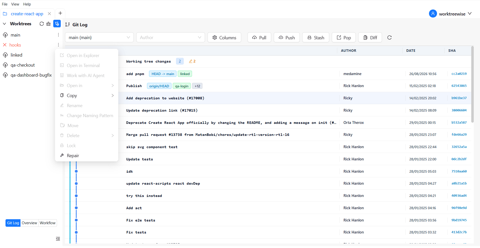 Repair action for a damaged Git worktree in WorktreeWise