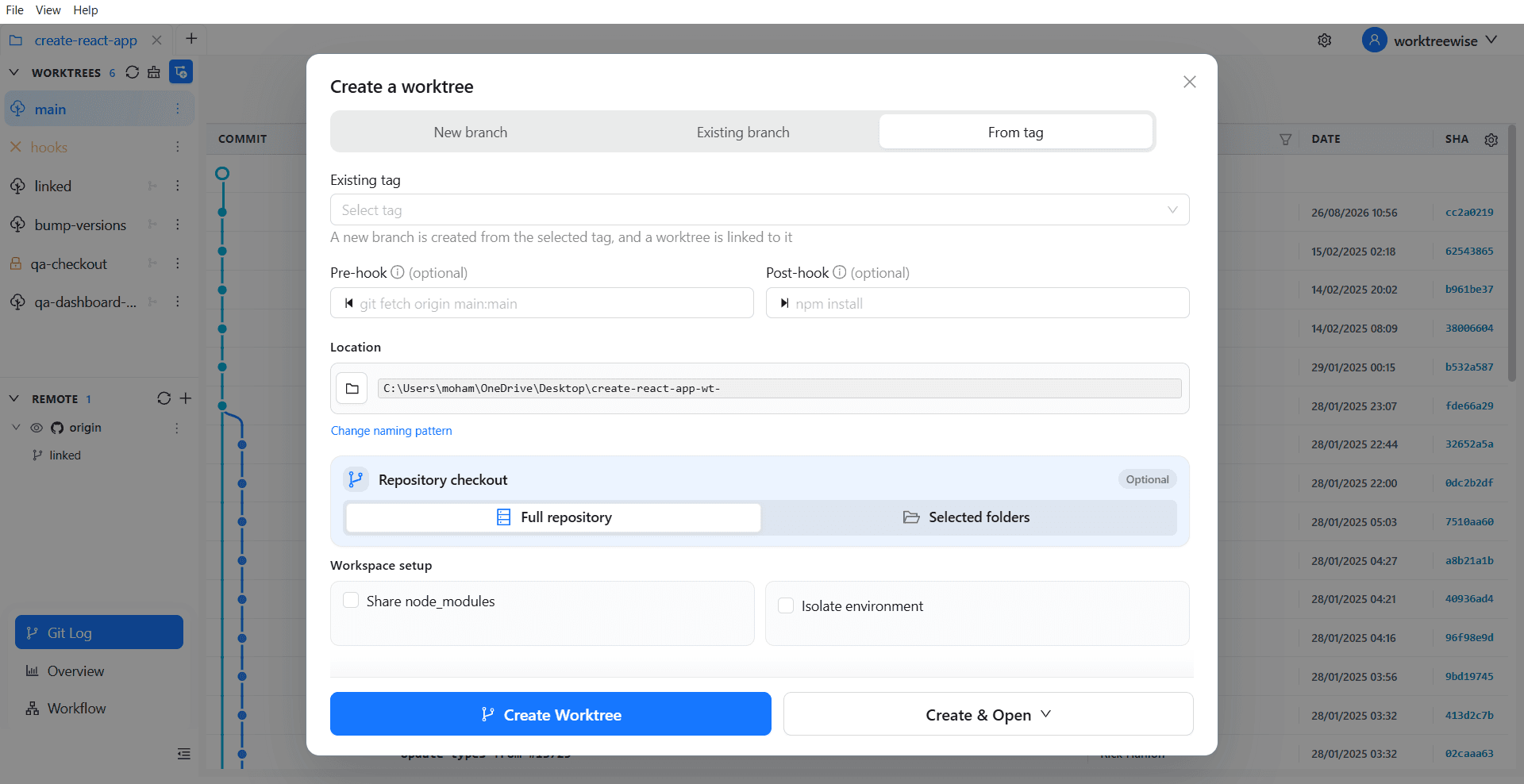 WorktreeWise interface creating a worktree from a release tag with branch options