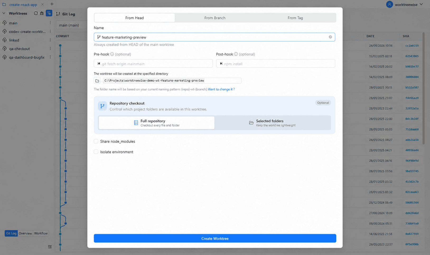 WorktreeWise interface creating and configuring a new Git worktree