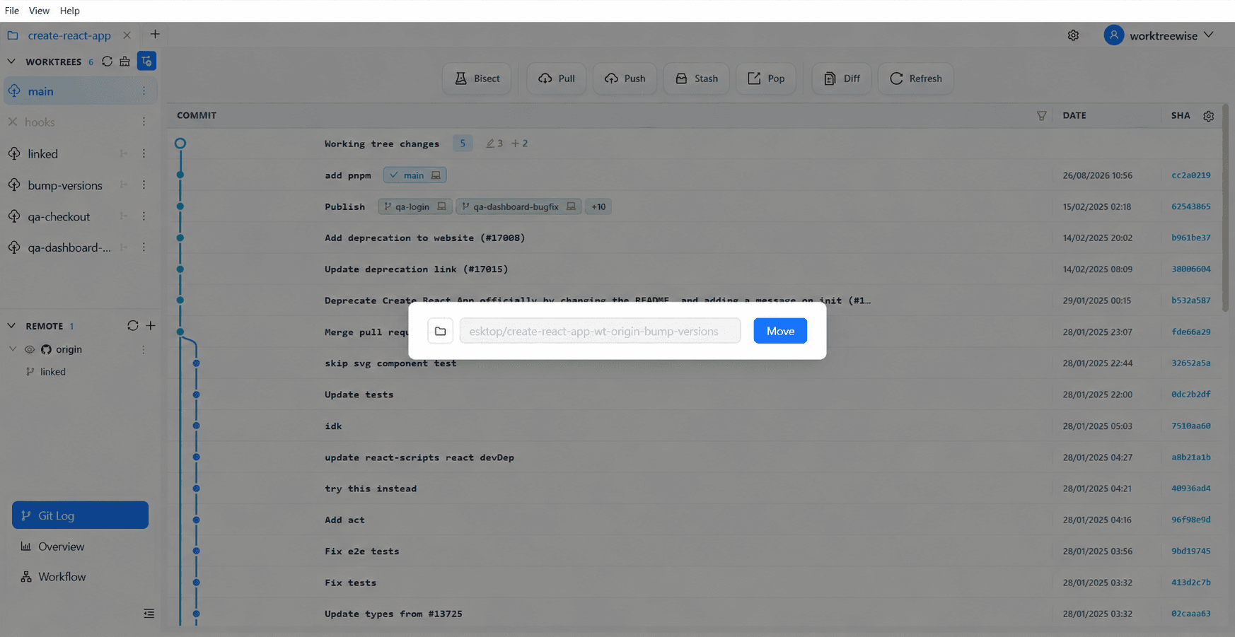 WorktreeWise Move Worktree interface updating paths safely