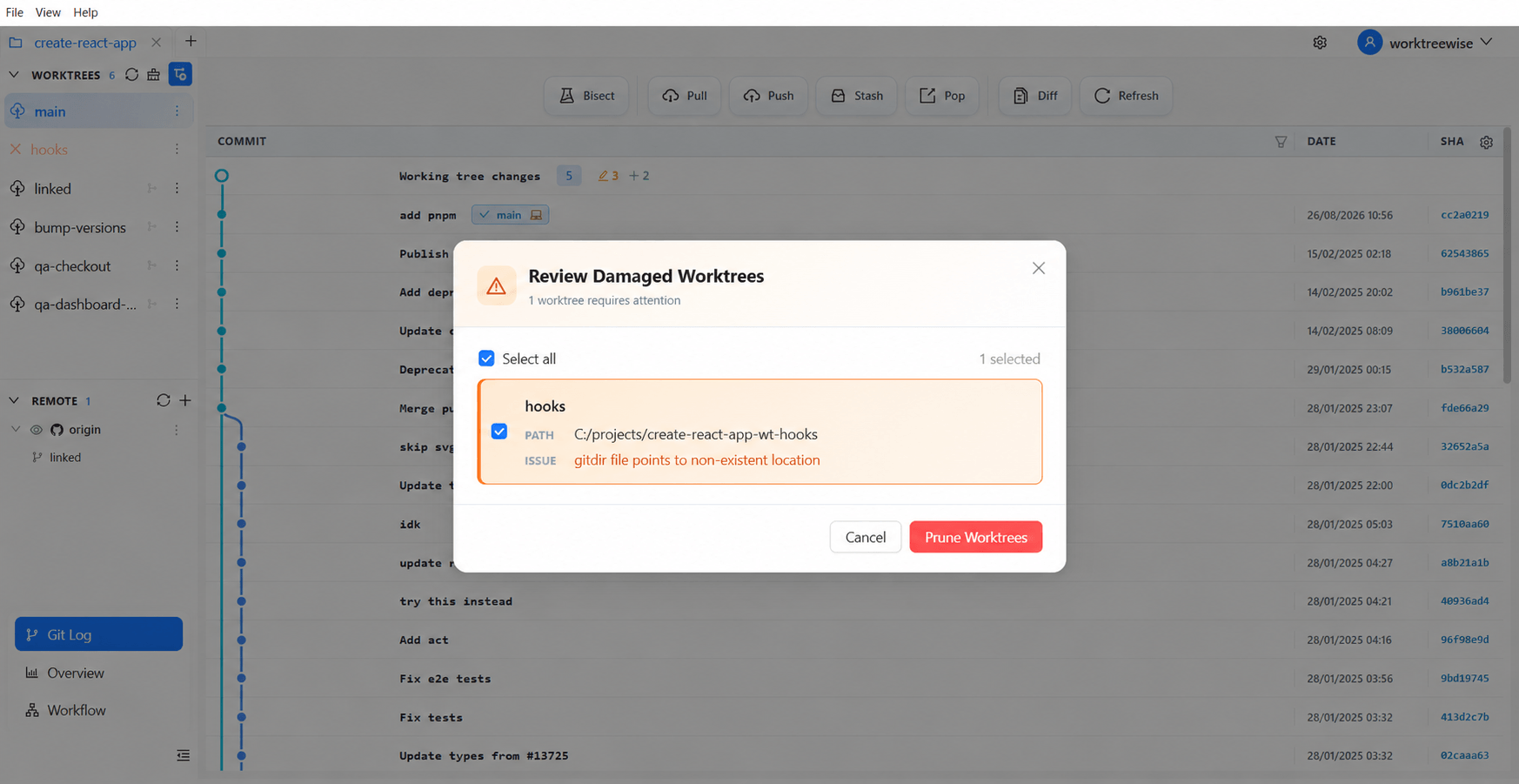 Prune orphaned Git worktrees in WorktreeWise