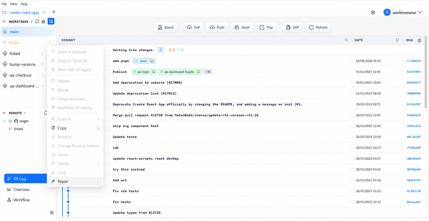 WorktreeWise interface diagnosing and repairing worktree metadata