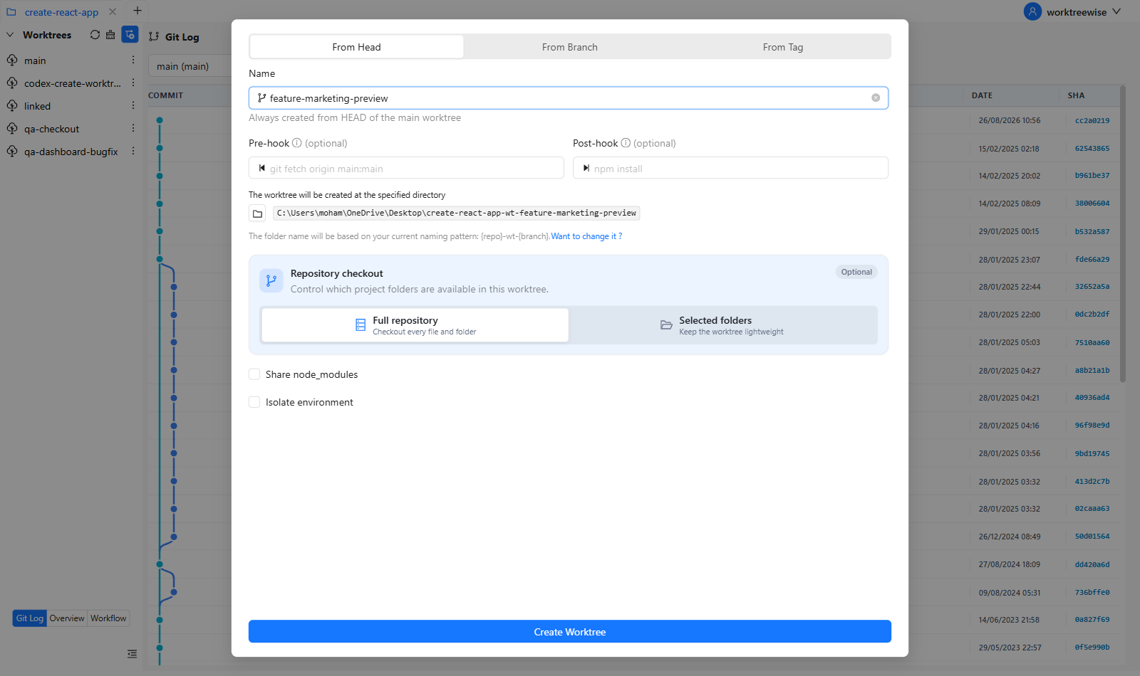 Create a new branch and worktree from HEAD in WorktreeWise