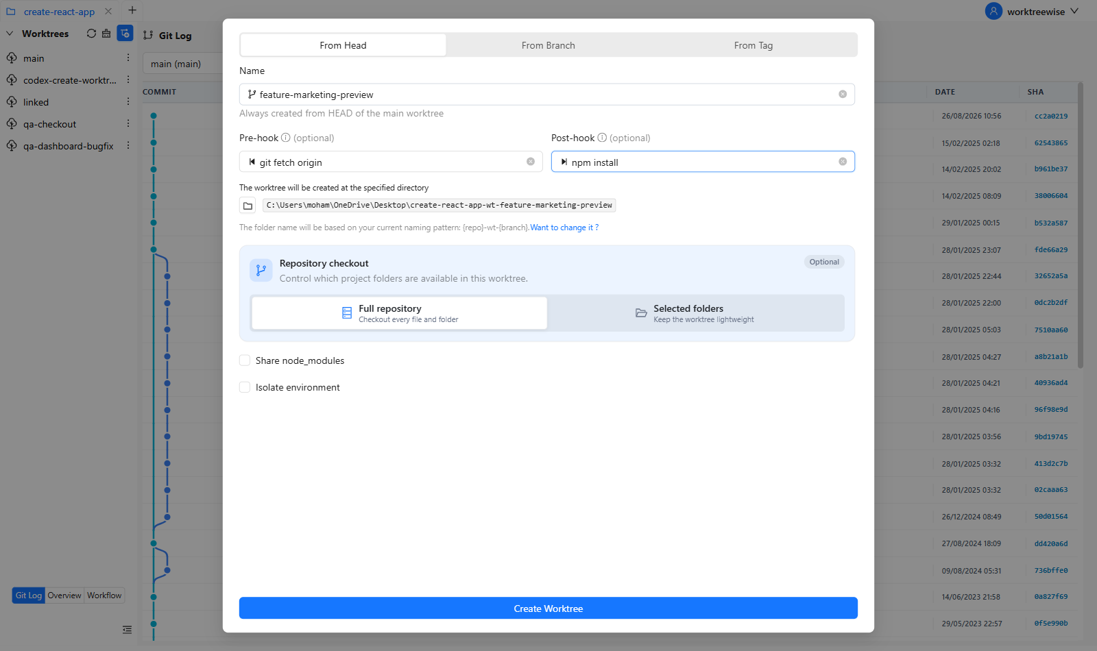 Create a Git worktree with hooks in WorktreeWise