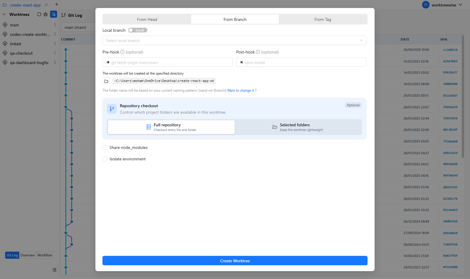 Create a worktree from an existing branch in WorktreeWise
