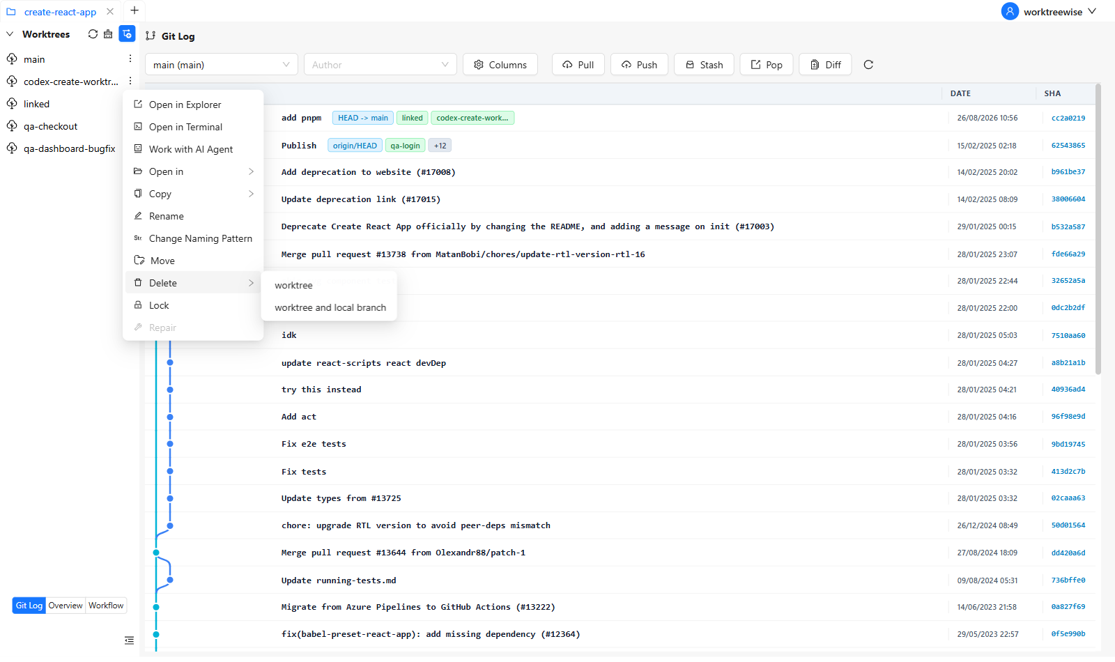 Delete a worktree in WorktreeWise