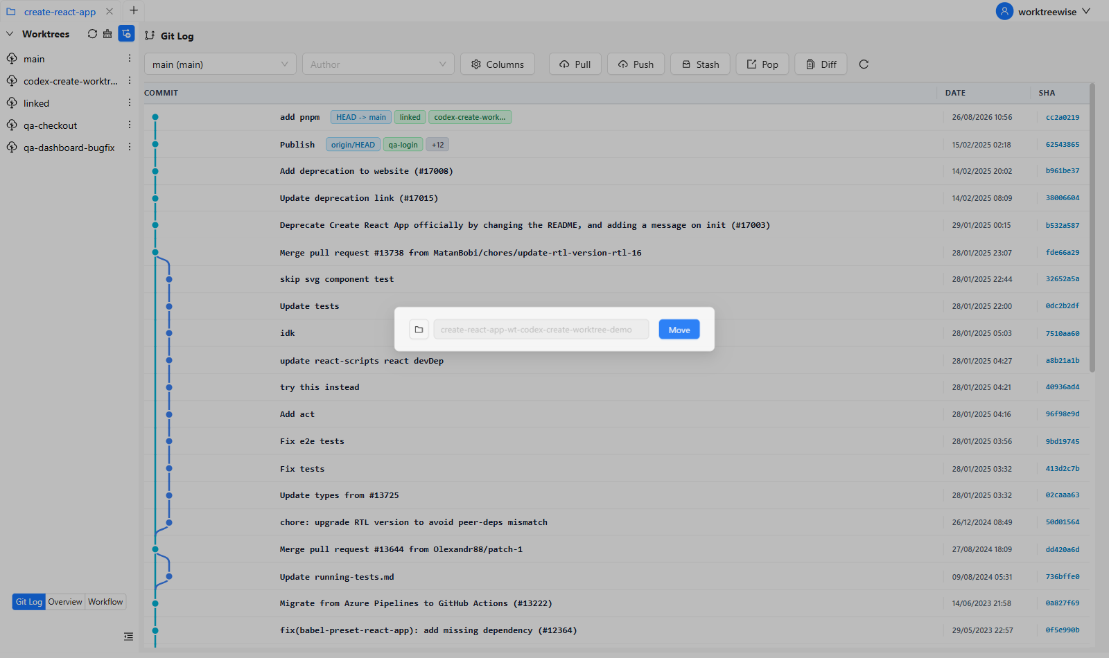 Change a worktree folder in WorktreeWise