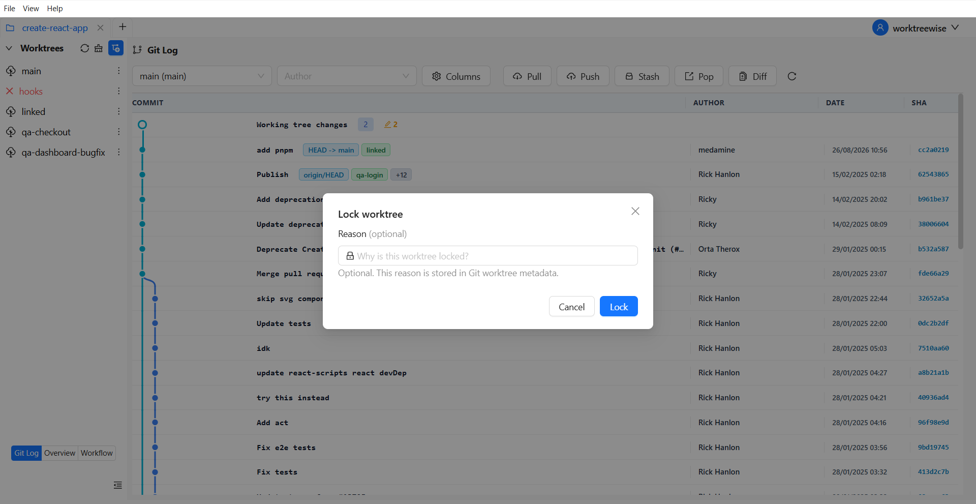 Lock a worktree in WorktreeWise