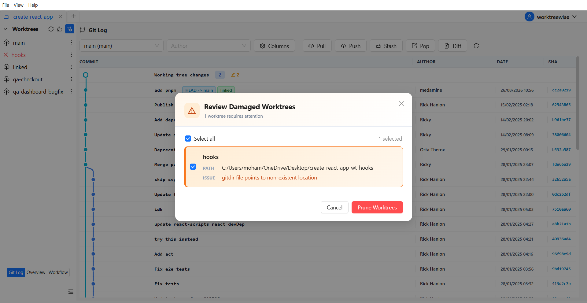 Prune invalid worktrees in WorktreeWise