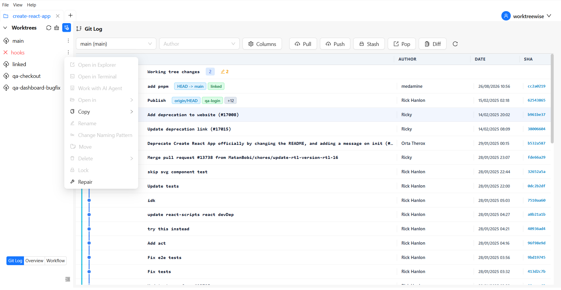 Repair action for a damaged Git worktree in WorktreeWise
