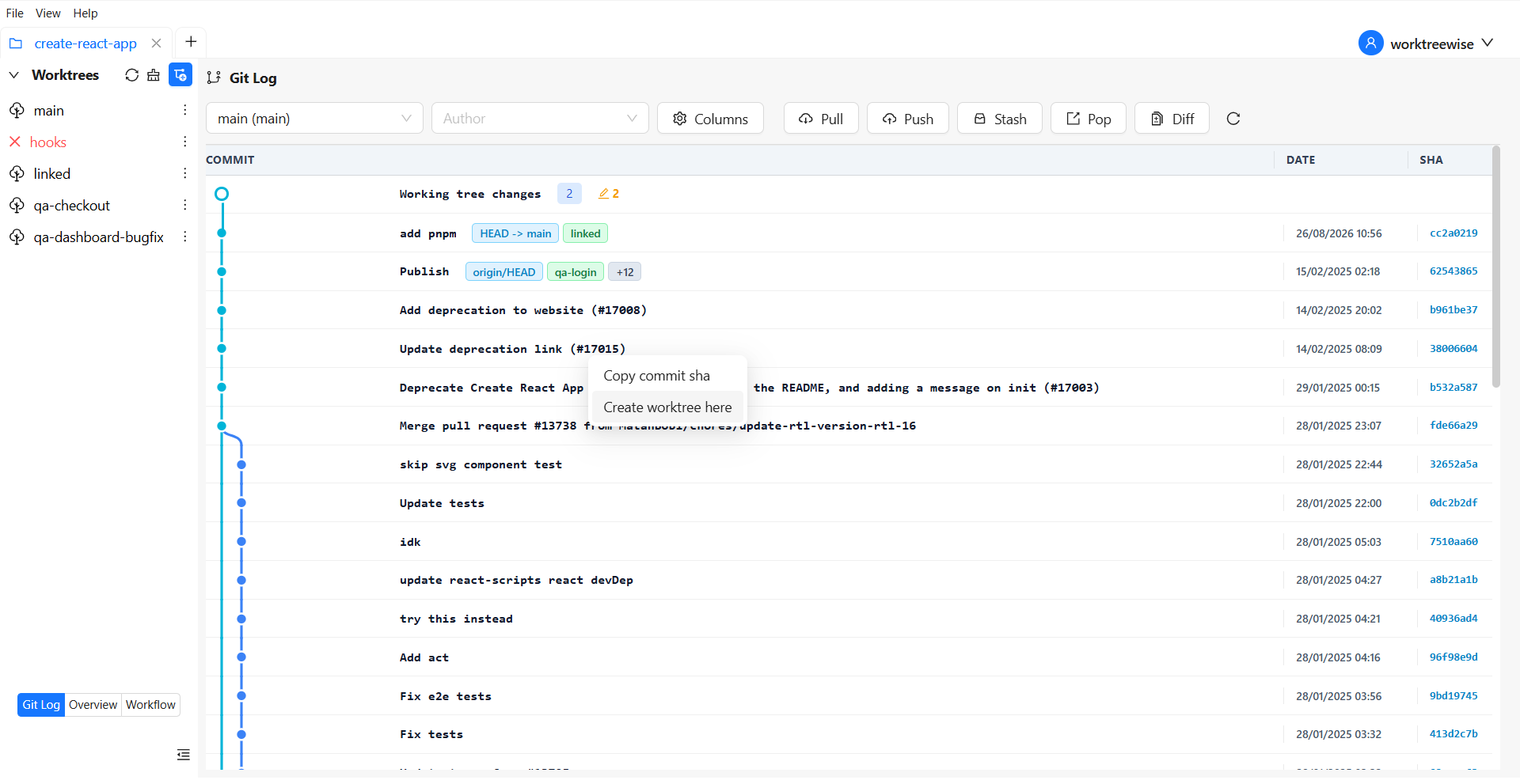 Create a worktree from a Git commit in WorktreeWise